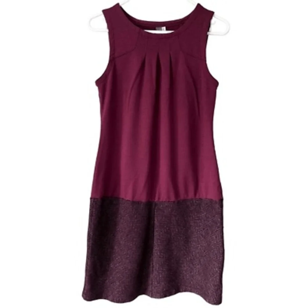 Ibex Merino Wool Sleeveless‎ Dress Burgundy Herringbone Colorblock Pleated Small